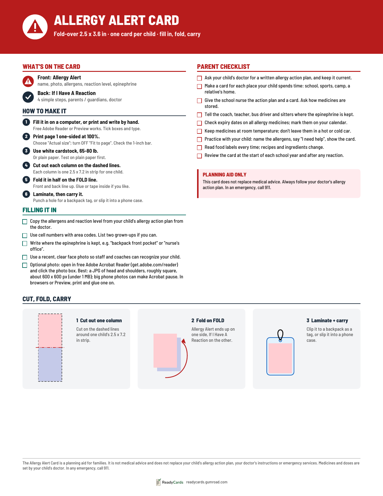 Preview of the one-page guide (page 2): what's on the card, how to make it, filling-in tips and parent checklist