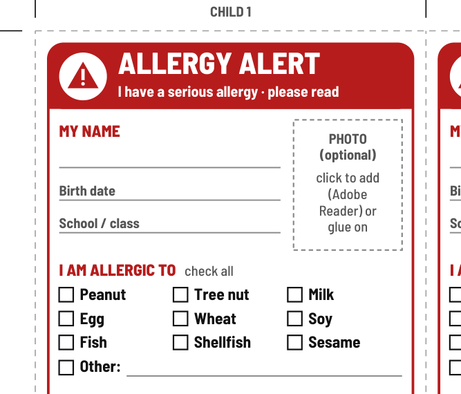 Partial preview of the Allergy Alert Card for Kids