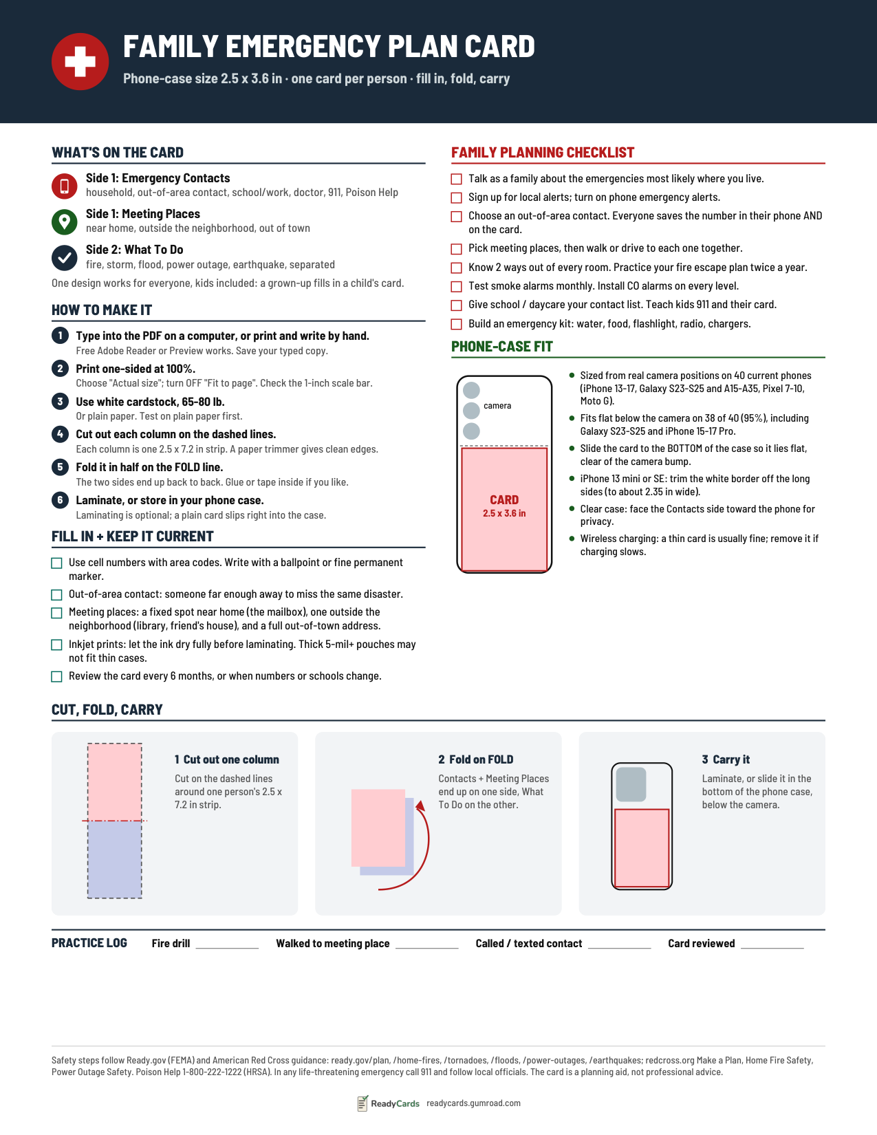 Preview of the one-page guide (page 2): what's on the card, how to make it, family checklist and phone-case fit