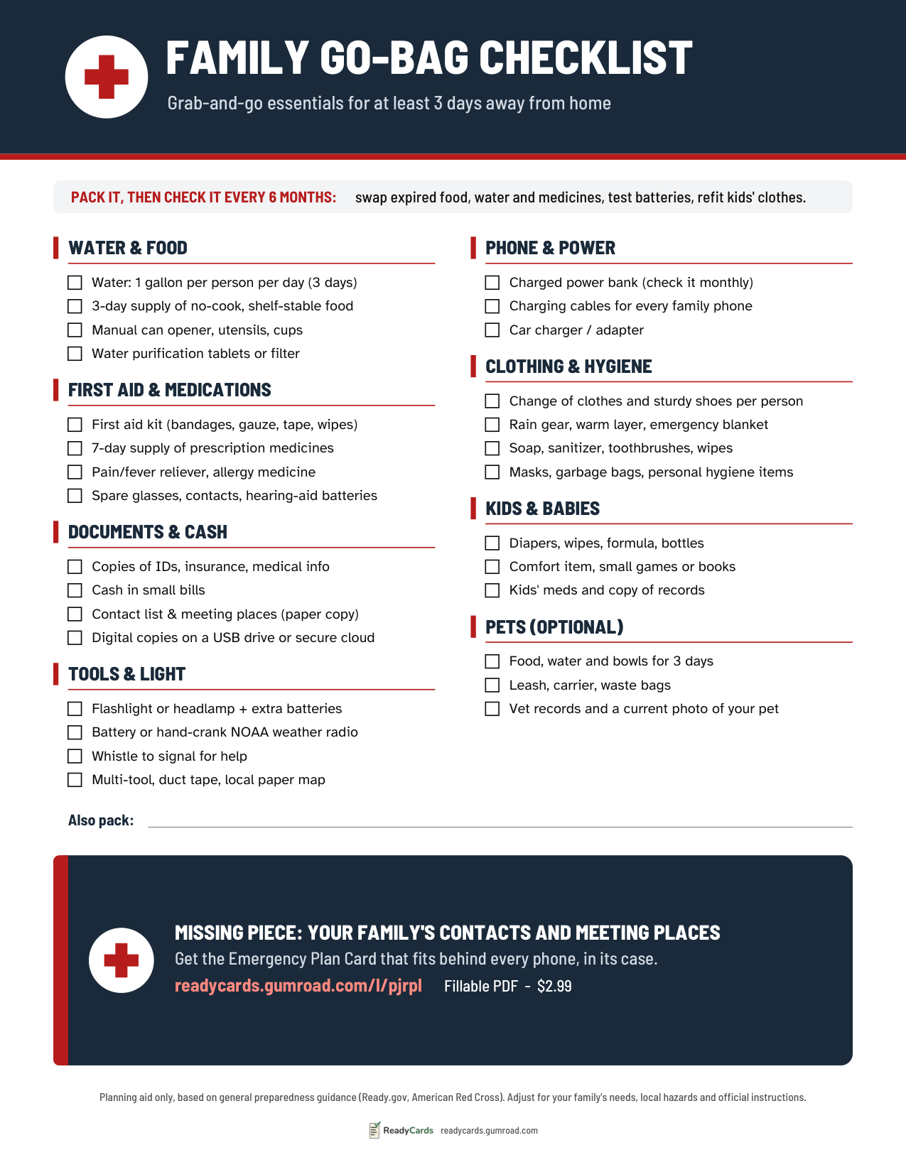 Preview of the free Family Go-Bag Checklist: water and food, first aid, documents, tools, phone and power, clothing, kids and pets